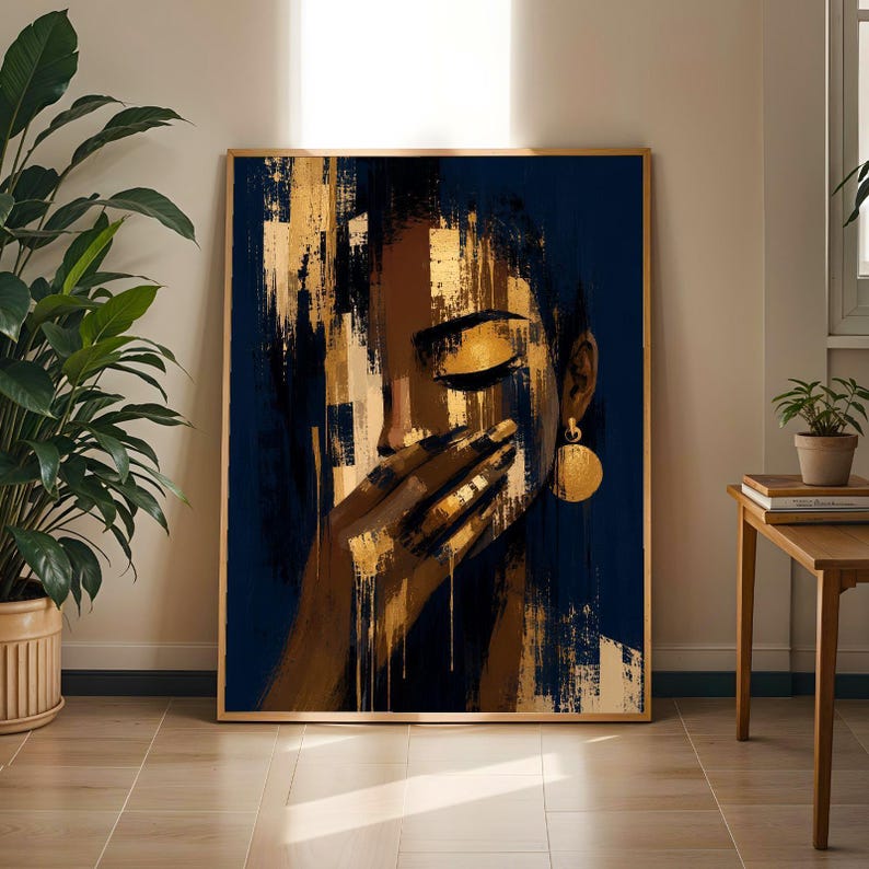 Abstract Black Woman | Bold Modern Afro Portrait Wall Decor – Navy Blue and Gold