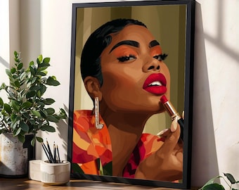Glamorous Woman Portrait Print: Red Lipstick, Gold Earrings - Boho Wall Art
