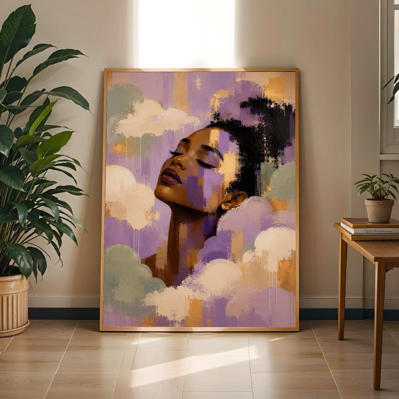 Abstract Black Woman | Bold Modern Afro Portrait Wall Decor – Lavender Purple and Gold Amber