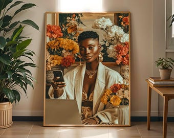 Stampa artistica floreale "Donna sicura di sé": decorazione boho afrocentrica