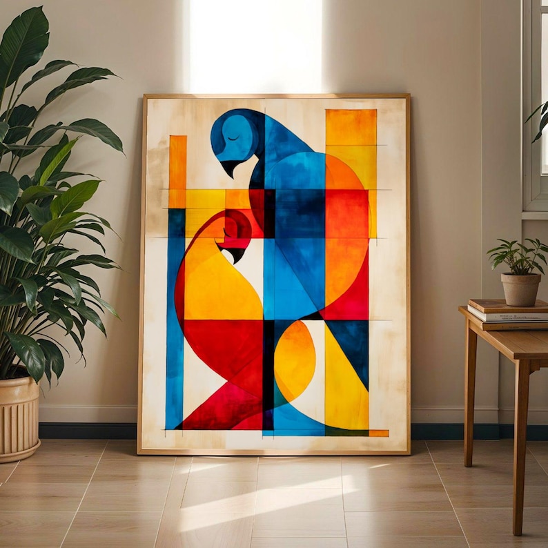 Abstract Parrot Wall Art Print Bold Geometric Bird Poster Blue Orange Red Home Decor