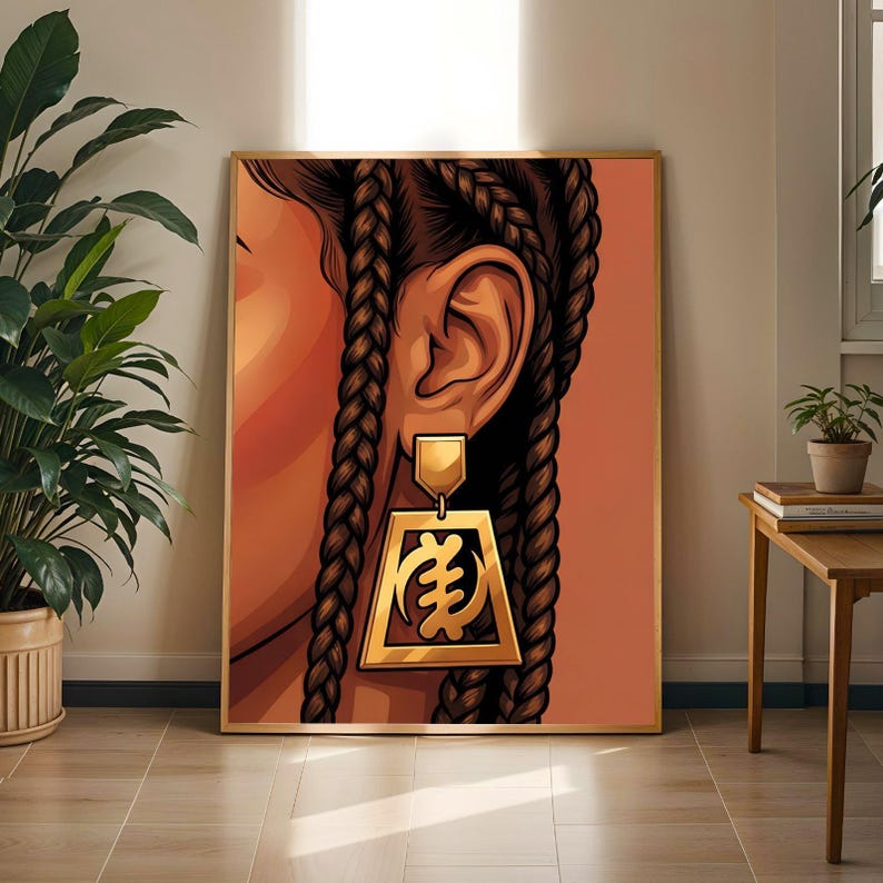 Afrocentric Adinkra Symbol Wall Art Print, Gold Earring Braids Illustration