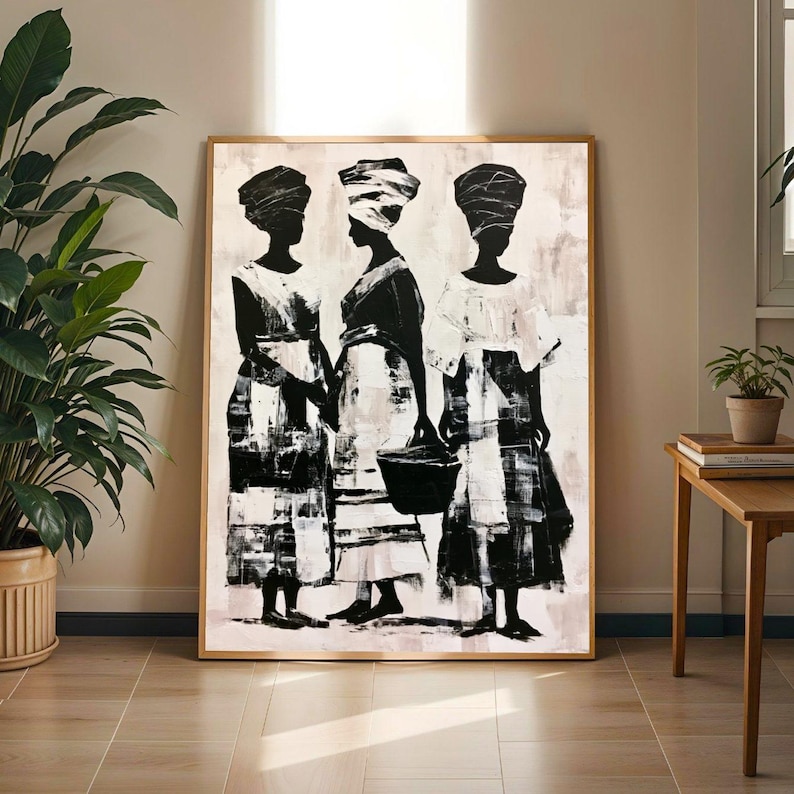 Three Women Figurative Art Print: Black and White African Poster