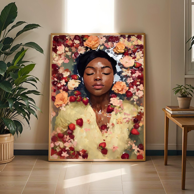 Black Woman Bath Art Print, Melanin Goddess Self Care Artwork, Fruit Painting