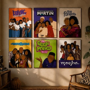 Könnte beinhalten: Ein Set aus sechs rechteckigen Wandkunstdrucken mit minimalistischen Illustrationen von Fernsehserien-Besetzungen wie Living Single, Martin, The Parkers, My Wife & Kids, The Fresh Prince of Bel-Air und Moesha, jeweils mit gesichtslosen Charakteren.