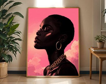 Afrocentric Woman Art Print: Pink, Gold & Black Boho Decor