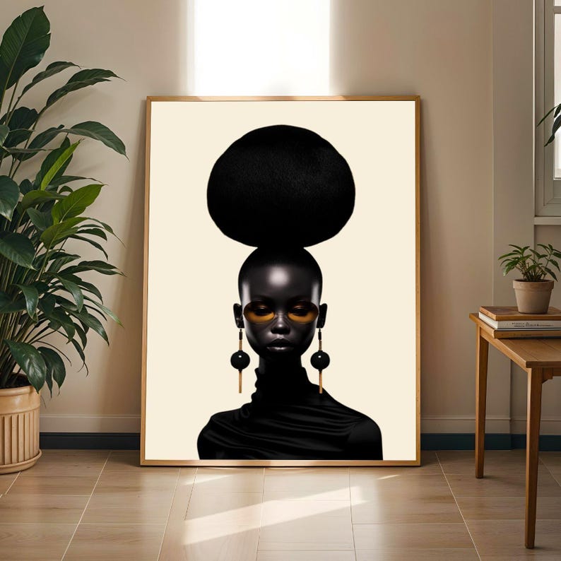 Modern Black Woman Art Print | Minimalist Afro Portrait | Luxury Fashion Wall Decor