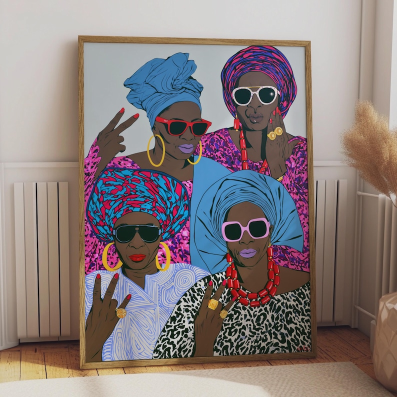 Afrocentric Wall Art, Retro Black Women with Sunglasses and Bold Accessories, Unique Art Print