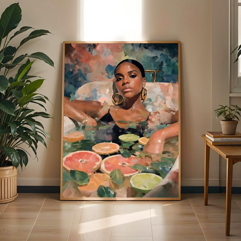 Black Woman Bath Art Print, Melanin Goddess Self Care Artwork, Fruit Painting