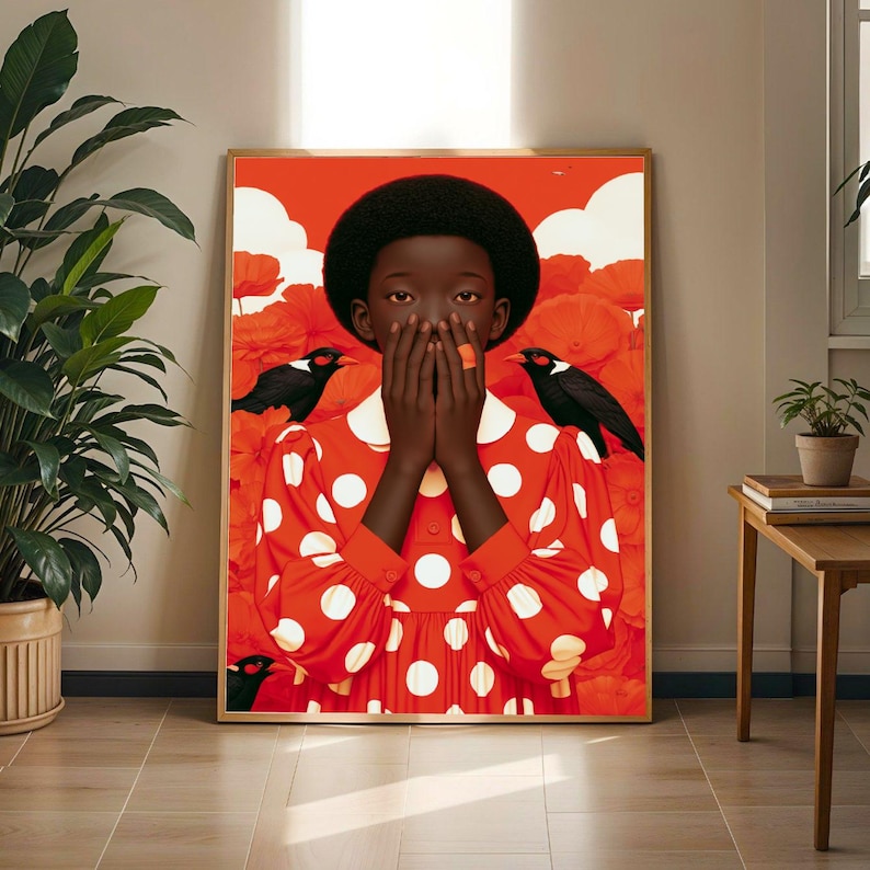 Black Woman Red Poppy Art Print | Afrocentric Wall Art | Bold Empowerment Poster for Home Decor