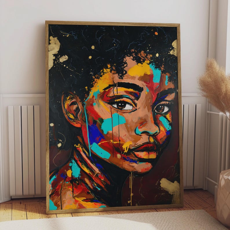 Abstract Afrocentric Portrait Print, Colourful Black Man Wall Art, Expressive Paint Drip Poster