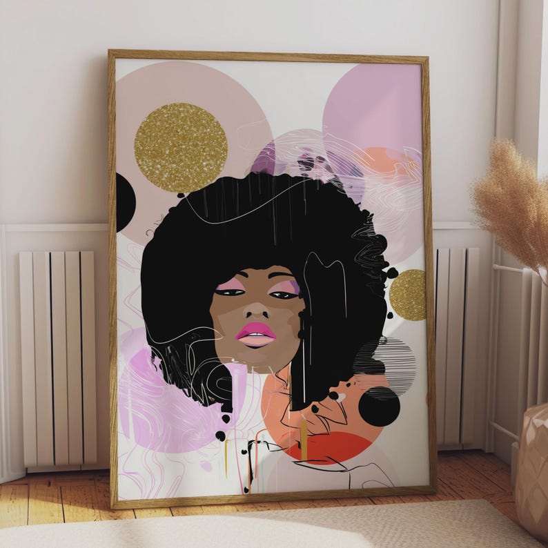 Abstract Afrocentric Black Woman Art Print, Afro Hair Poster, Pink Gold Wall Art
