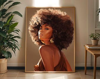 Afrocentric Woman Portrait Print: Brown, Gold, and Beige Art
