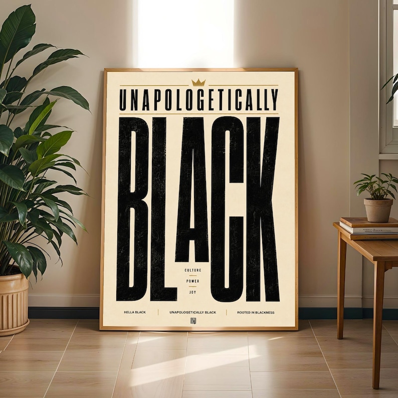 Unapologetically Black Typography Art | Bold Modern Afrocentric Portrait Wall Decor – Black, Gold and Beige