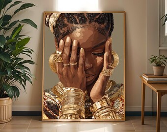 Afrocentric Woman Portrait Print: Gold Jewelry, Beige Home Decor