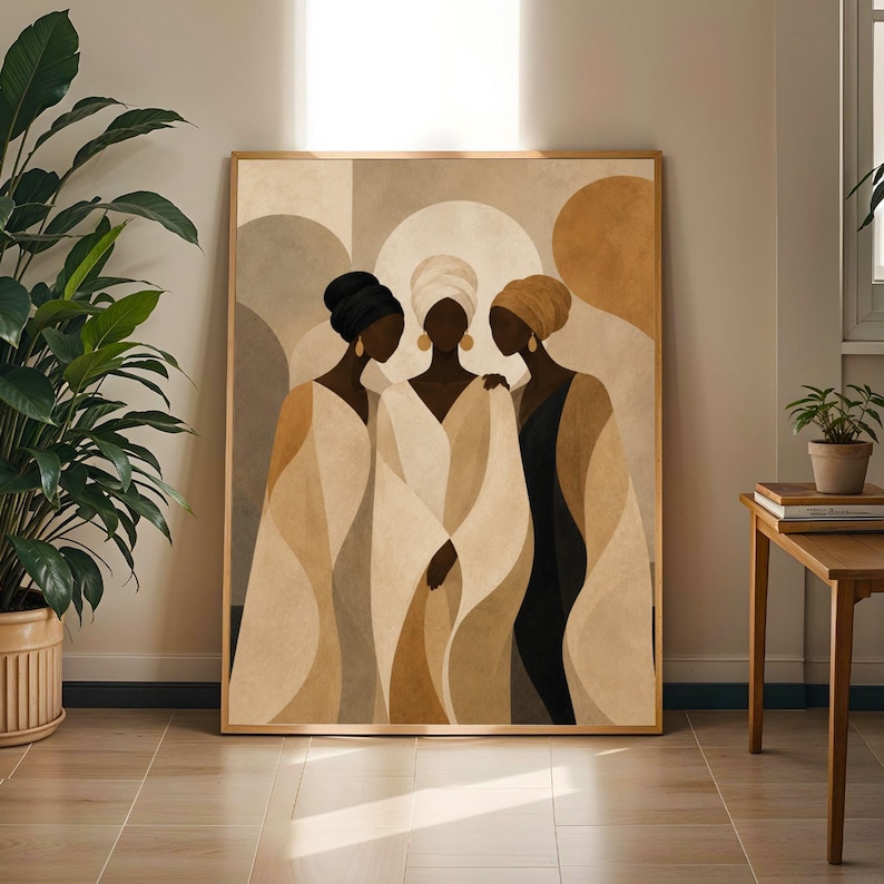 Three Abstract Women Art Print – Modern, Beige and Gold