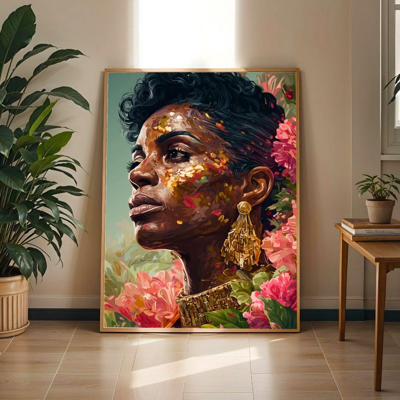 Black Woman Floral Wall Art Print | Gold Afrocentric Portrait Poster | Empowerment Art for Home