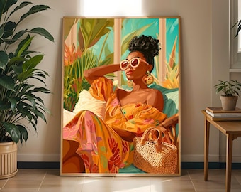Stampa artistica "Donna tropicale": decorazione boho afrocentrica