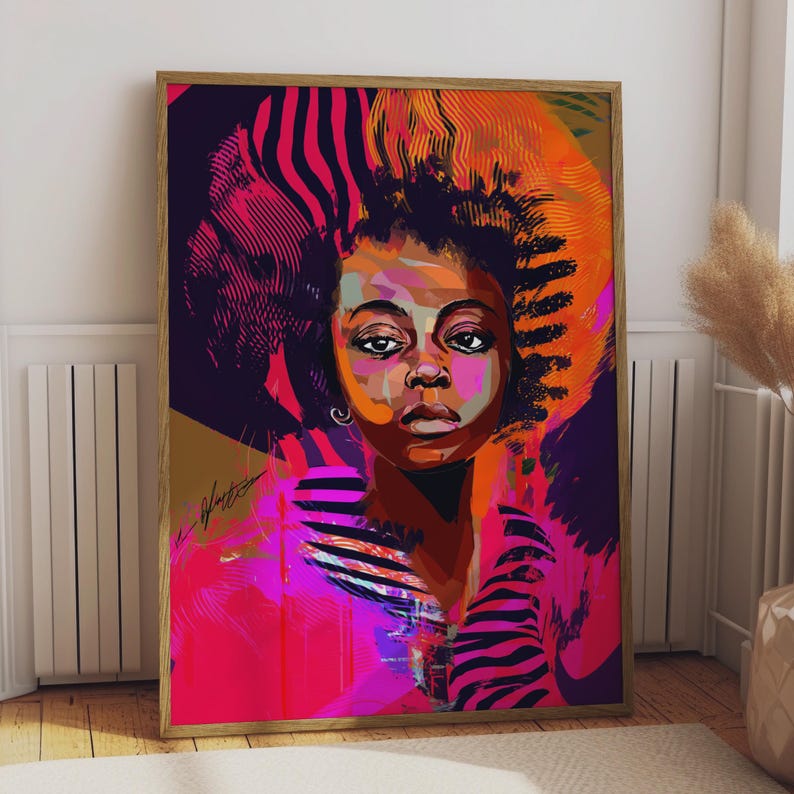 Abstract Afrocentric Black Woman Portrait, Bold Neon Art Print, Natural Hair Poster