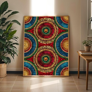 Könnte beinhalten: Ein rechteckiger Wandkunstdruck mit einem sich wiederholenden Muster aus konzentrischen Kreisen in leuchtenden Rot-, Gold-, Blaugrün- und Grüntönen. Das Design besteht aus geschichteten kreisförmigen Bändern mit texturierten, strahlenden Linien.