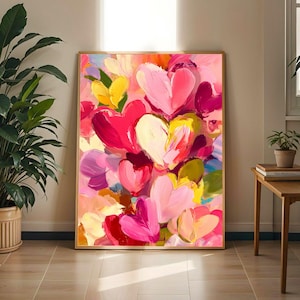 Abstrakter Herz-Kunstdruck – Abstraktes Blumenmuster in Rosa- und Rottönen