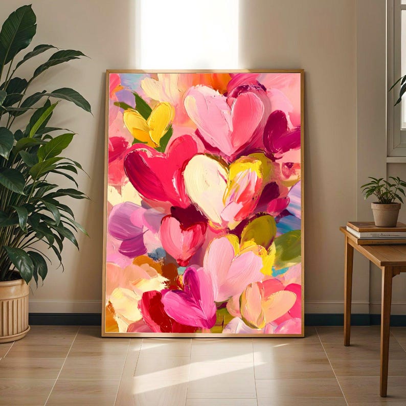 Abstract Heart Wall Art Print – Abstract Floral, Pink and Red Tones