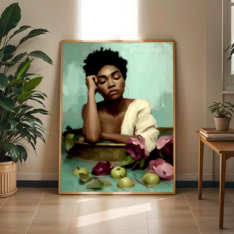Black Woman Bath Art, Melanin Goddess Self Care Artwork, Fruit Painting
