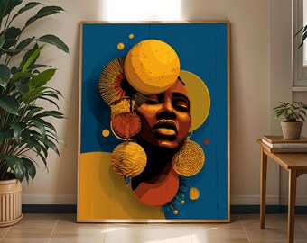 Afrocentric Geometric Portrait Art Print: Modern Abstract Decor