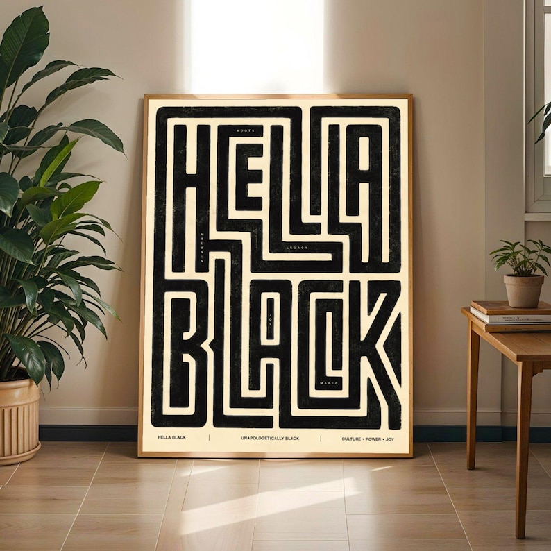 Hella Black Typography Art | Bold Modern Afrocentric Portrait Wall Decor – Black and Beige