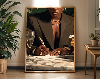 Afrocentric Woman Signing Deal with Roses Art Print: Boho Living Room Decor