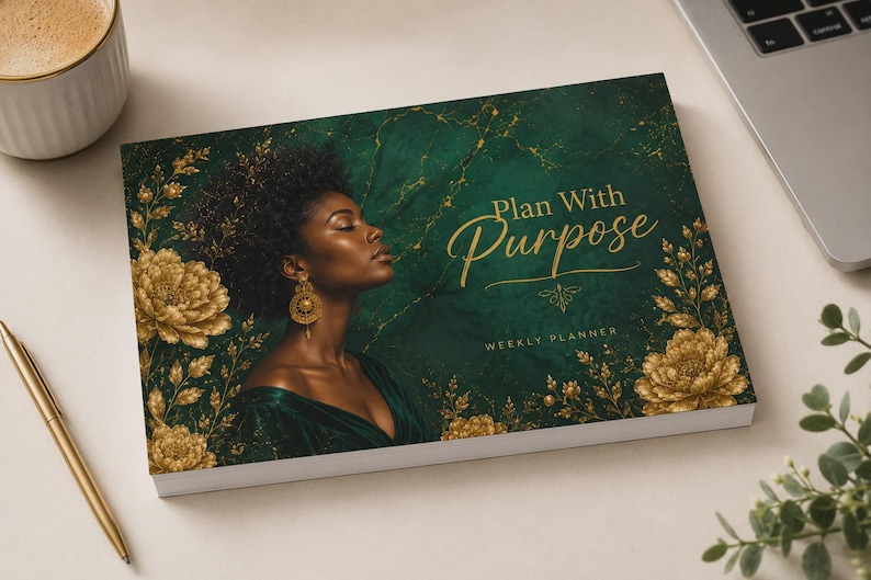Emerald Green Weekly Planner – Luxury Desk Organizer, Black Woman Art