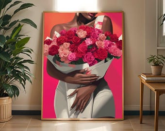 Afrocentric Woman with Roses Art Print: Modern Floral Wall Decor