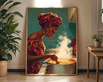 African Woman Cooking Jollof Art Print, Afrocentric Kitchen Decor
