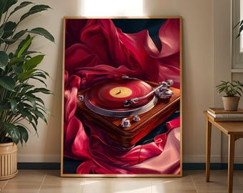May include: A framed wall art print featuring a wooden turntable with a red vinyl record resting on a bed of flowing, deep red fabric. The turntable has a silver tonearm and metallic knobs, set against a dark background with vibrant red drapery.