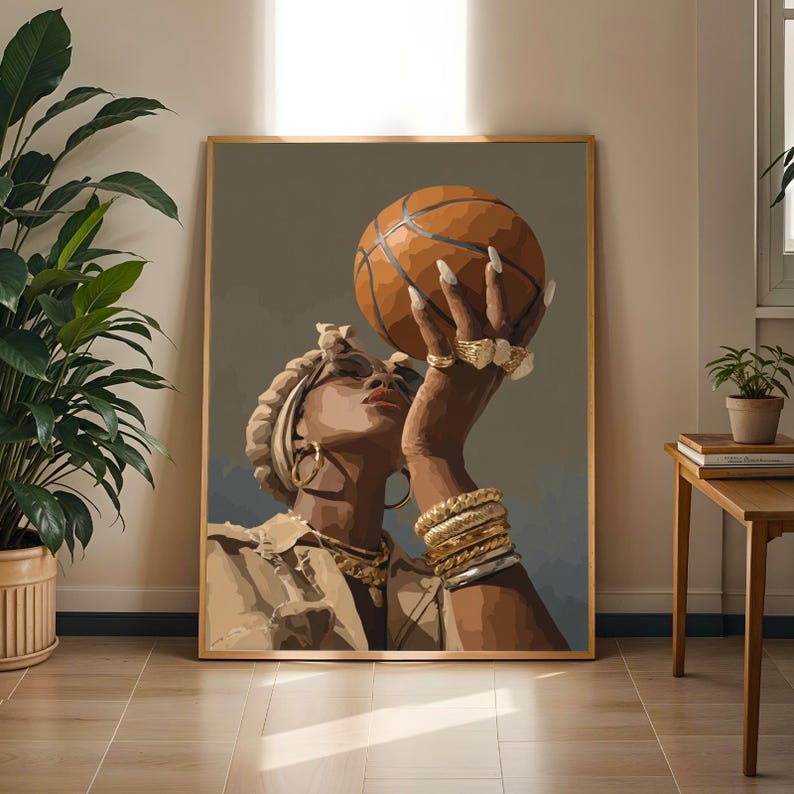 Afrocentric Basketball Art Print: Stylish Figure in Gold Jewelry