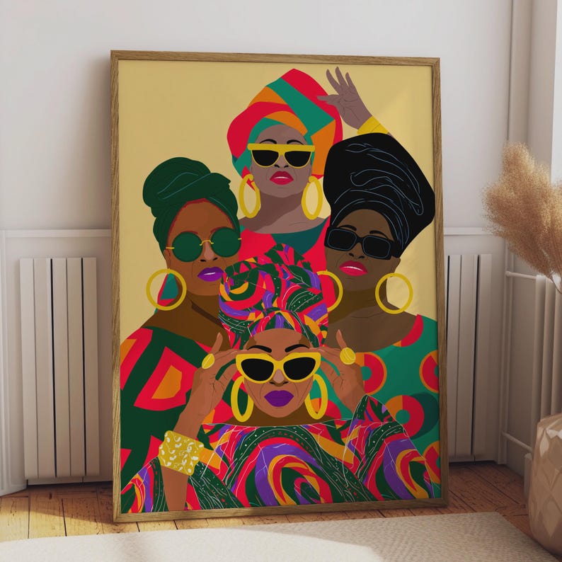 Abstract Afrocentric Art, Vibrant Black Women Portraits, Cultural Wall Art for Home Decor