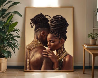 May include: A framed wall art print depicting a couple with dark skin and intricate dreadlock hairstyles. The figures are adorned in layered gold jewelry, including necklaces and earrings, against a warm, neutral-toned background.