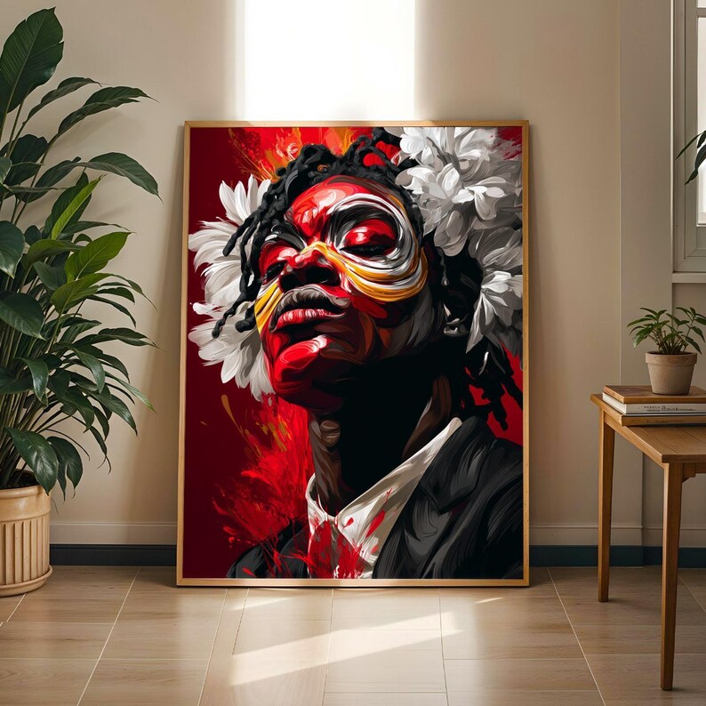 Bold Afro Surreal Portrait Art Print – Red Gold Abstract Face Floral Elements