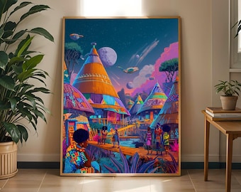 Afrofuturism Village Art Print: Futuristic Boho Home Decor