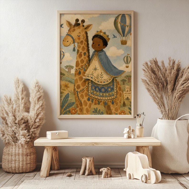 Modern Child on Giraffe Nursery Poster - Tan and Mustard Yellow, Blue Cloak