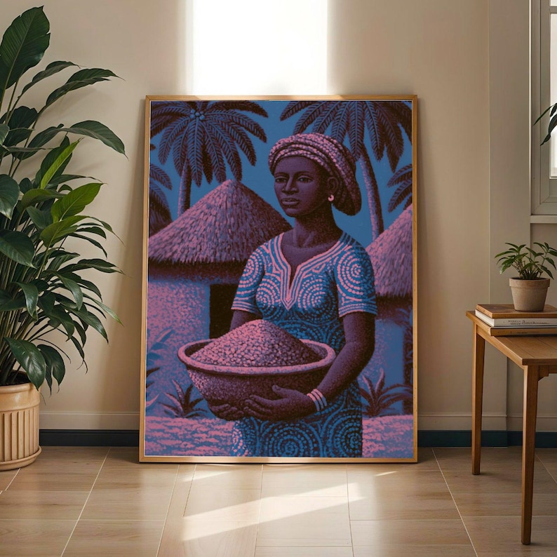 African Woman Art Print | Bold Blue Pink Village Scene Poster | Afrocentric Heritage Decor