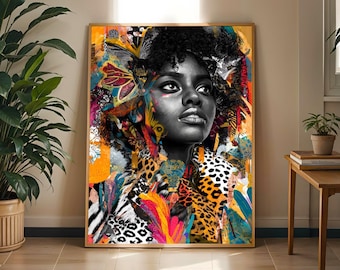Afrocentric Portrait Collage Art Print, Bold Animal Patterns
