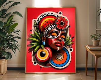 May include: A rectangular wall art print featuring a stylized portrait of a person with dark skin, wearing a vibrant headpiece with a red flower, large circular earrings, and face paint, set against a bright red background with green leaves.