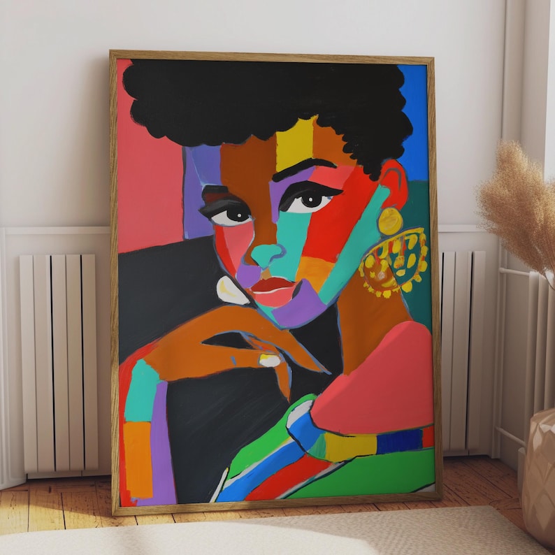 Abstract Afrocentric Black Woman Portrait, Colourful Bold Art Print, Natural Hair