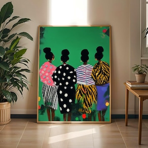 Könnte beinhalten: Ein gerahmter Kunstdruck mit vier von hinten dargestellten Figuren vor einem einfarbigen grünen Hintergrund. Die Figuren tragen unterschiedlich gemusterte Kleidung, darunter rosa Punkte, schwarze Kleidung mit weißen Punkten, Streifen und gelbe Tigerstreifen.