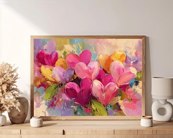 Heart Floral Wall Art Print: Bold Impasto Painting Poster, Pink Yellow Home Decor