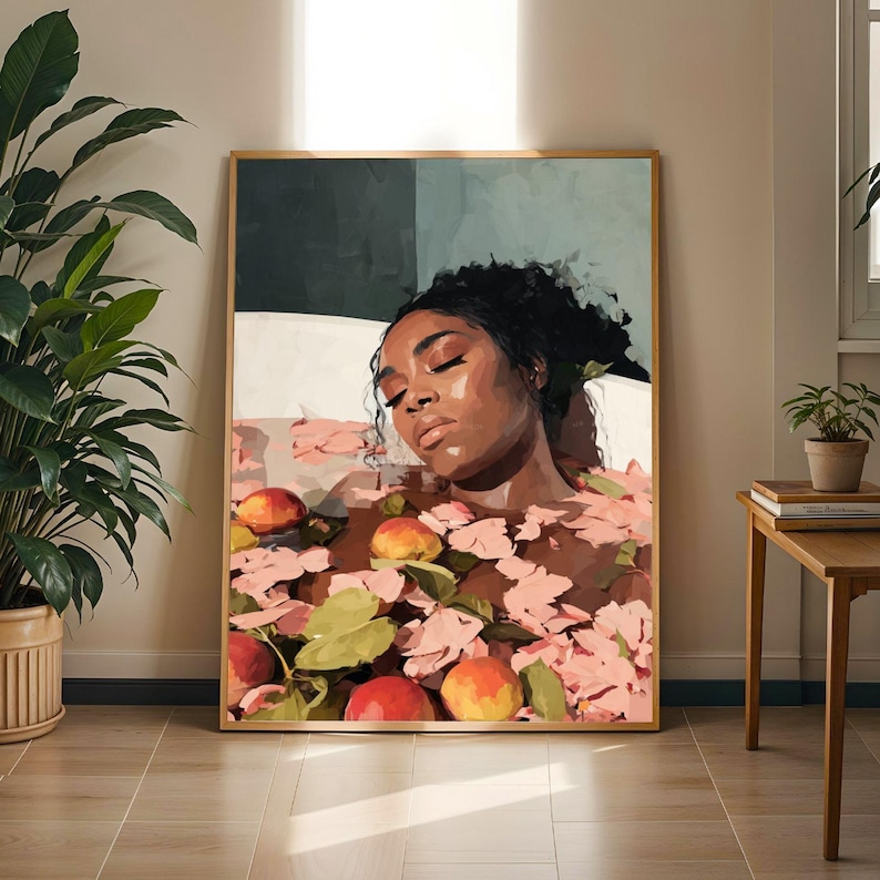 Black Woman Bath Art Print, Melanin Goddess Self Care, Fruit Bath Painting