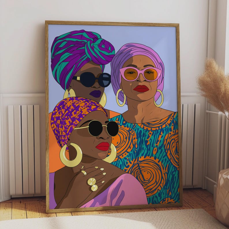 Abstract Afrocentric Wall Art Print, Vibrant Empowerment Portraits of Black Women, Stylish Home