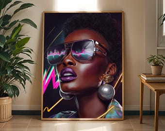 Pode incluir: Uma impressão de arte emoldurada apresentando o retrato de uma pessoa de pele escura, cabelo curto e encaracolado, e batom roxo. A pessoa usa grandes brincos esféricos prateados e óculos de sol que refletem padrões de ondas sonoras neon.