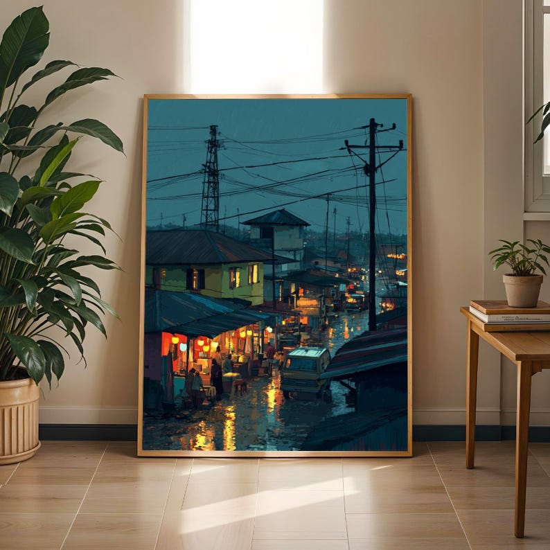 Nigerian Night Market Art Print: Afrocentric Cityscape Wall Decor